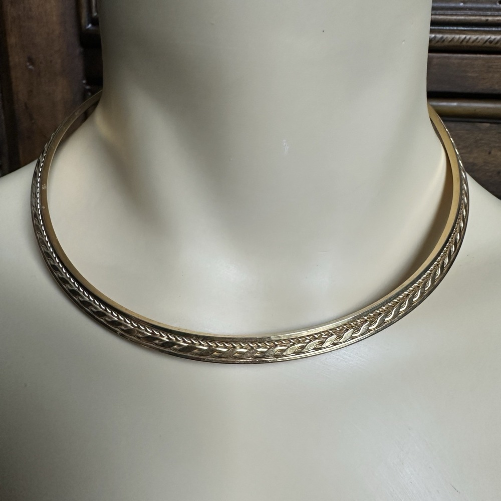Vintage Open Collar Choker Necklace 15 Inch Etched Braided Design Gold Plated